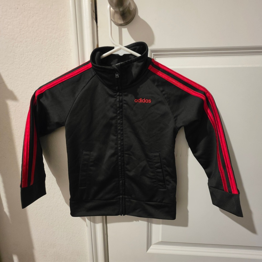 Adidas Kids Track Jacket Black Red 3-Stripe Full Zip Mock Neck 3T Toddler - Picture 2 of 8